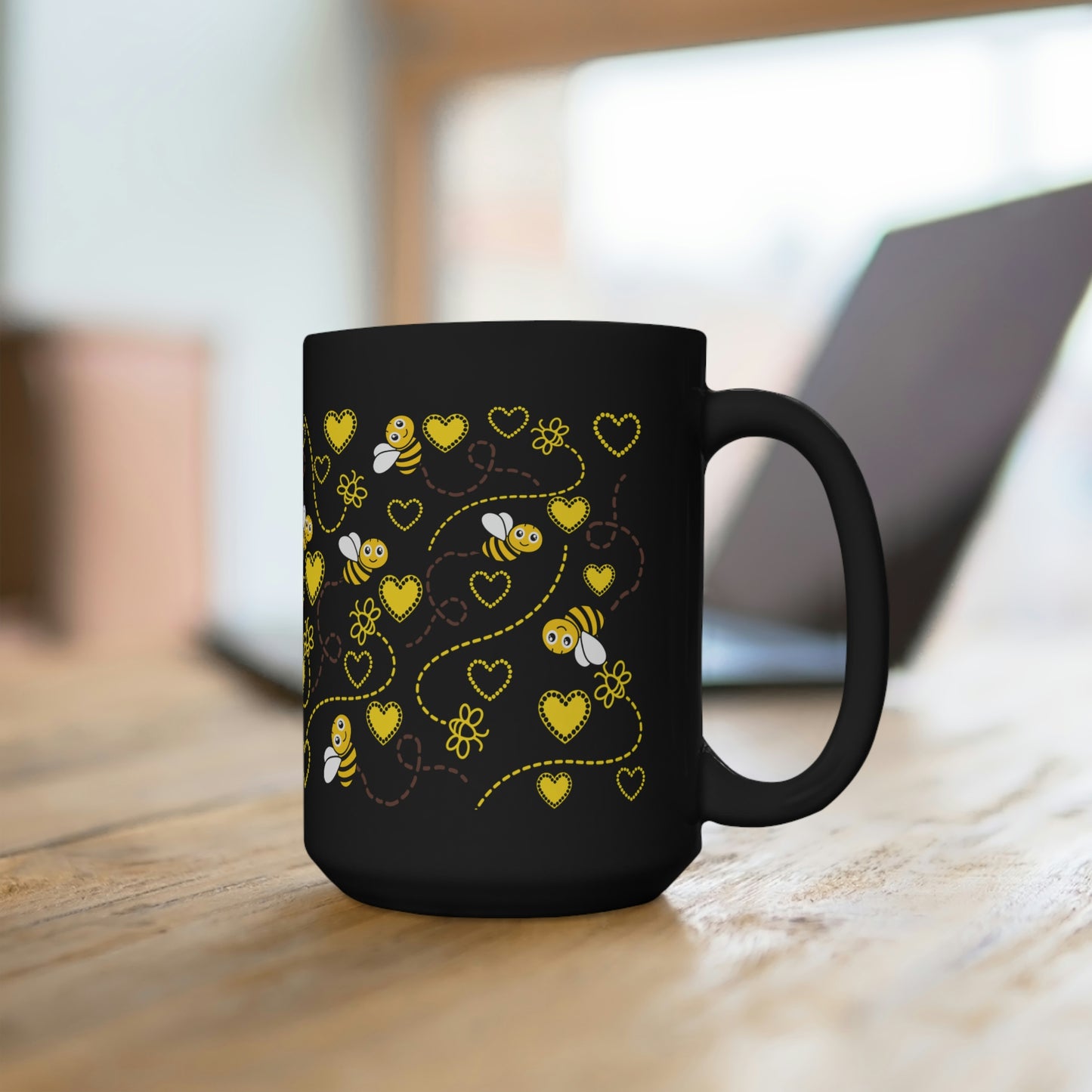 Honey Bee Black Mug / Bee Decor / Yellow Coffee Mug / 15 oz
