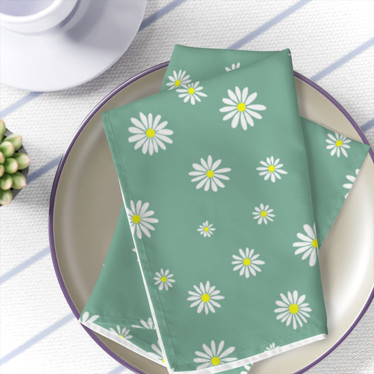 daisy dinner napkins, set of 4 in teal blue with white daisies.