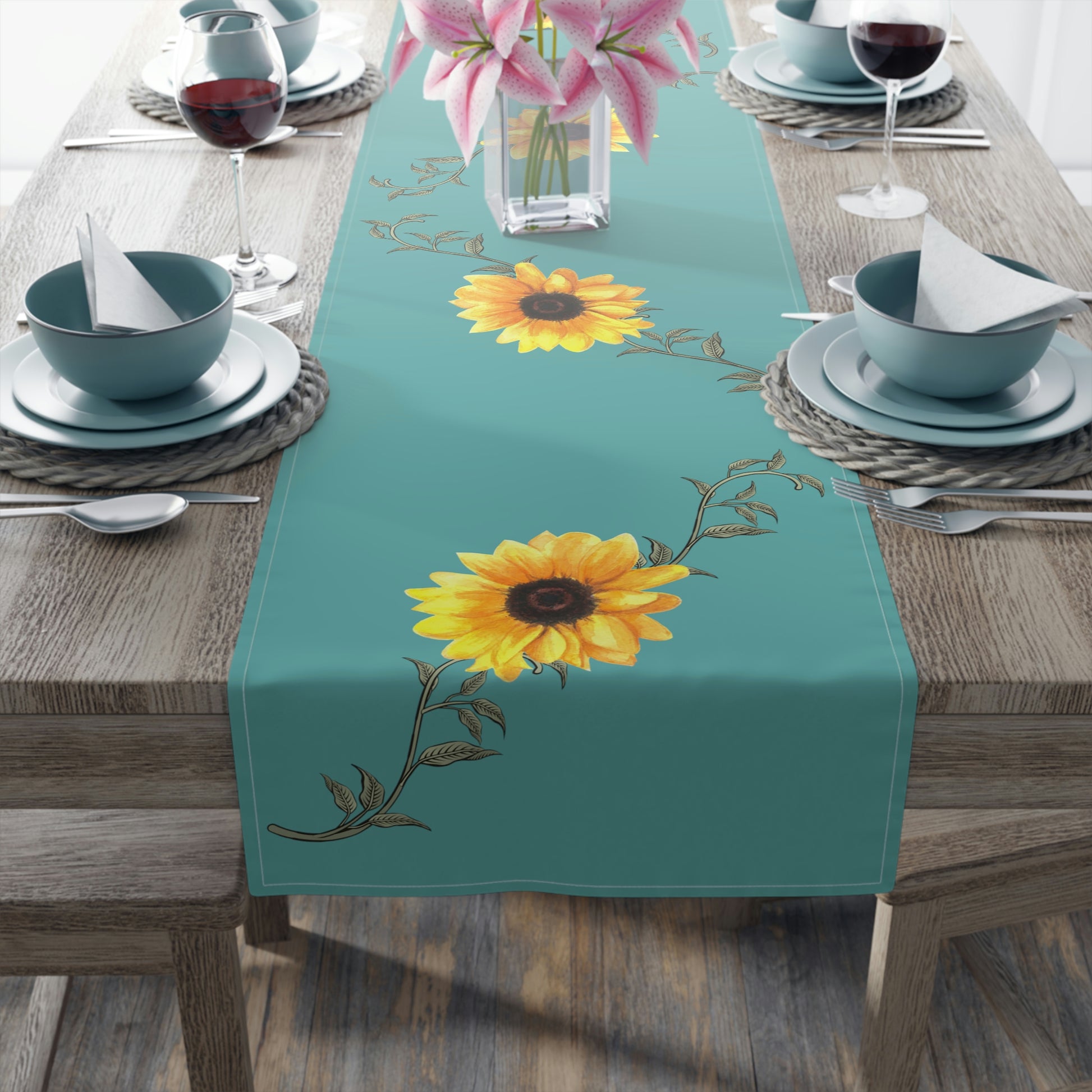 teal table runner with watercolor yellow sunflower print