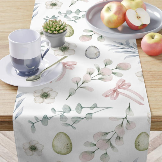 easter table runner with easter eggs, leaves and flowers 