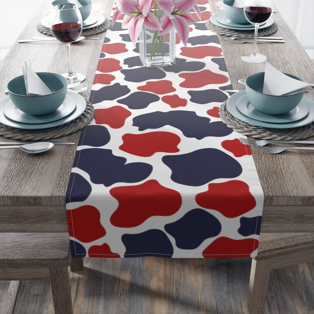 4th of july table runner in red, white and blue cow print for patriotic decor
