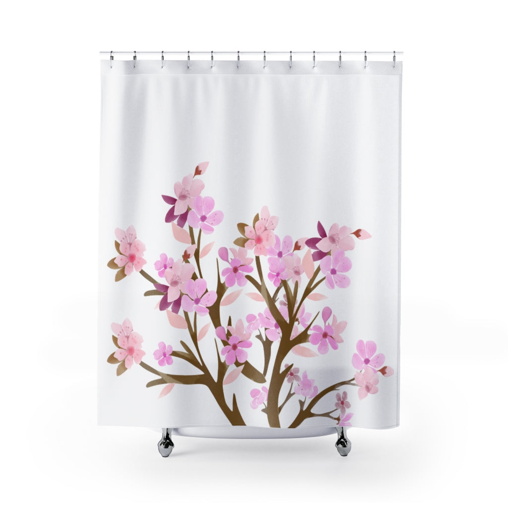 cherry blossom shower curtain with pink flowers on white background 