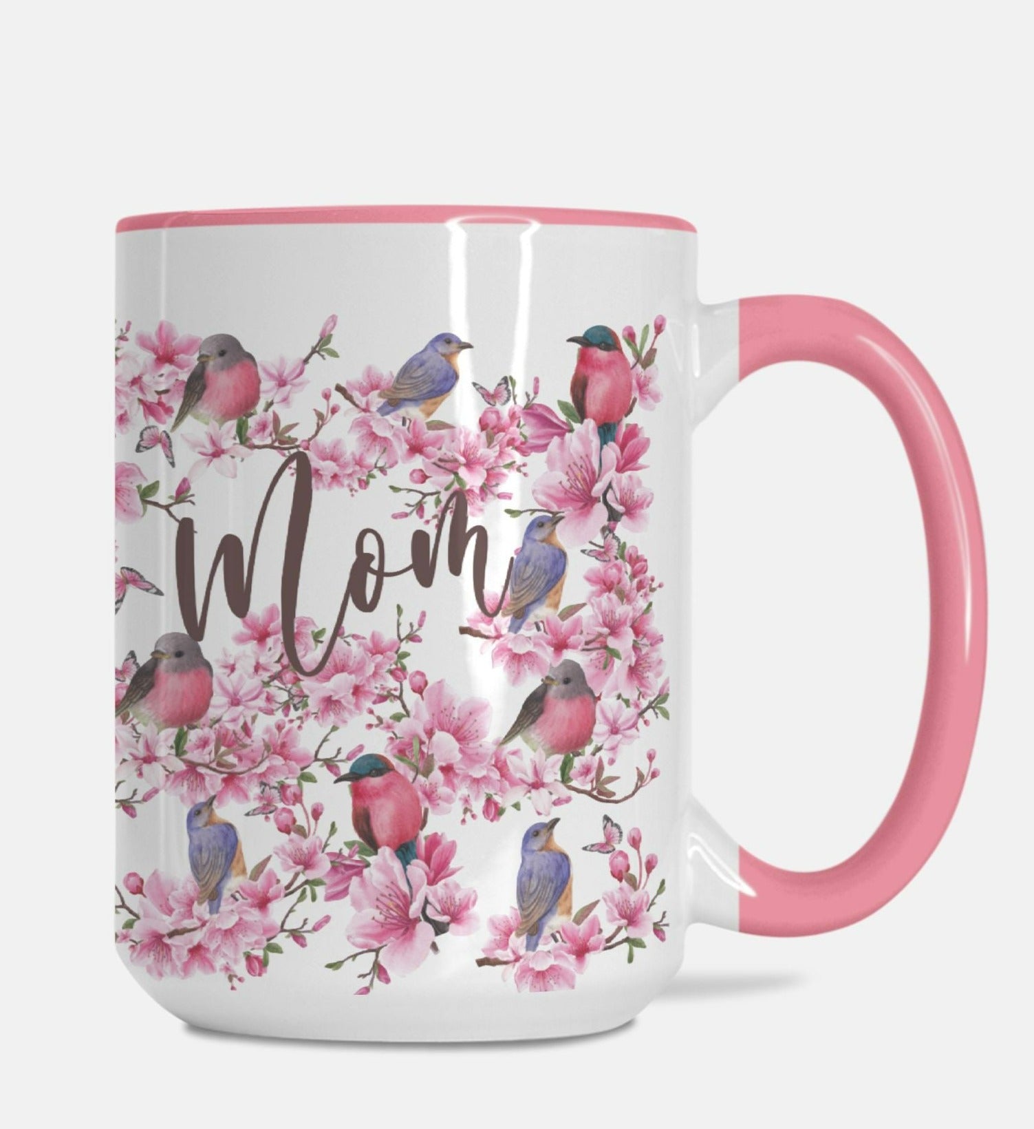 Personalized mug for mom with cherry blossom, bird and butterfly print. Perfect for spring or summer decor or as a mother's day gift