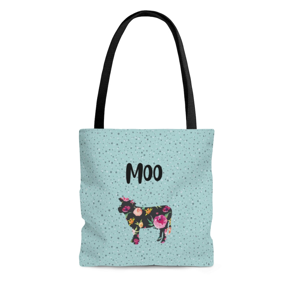 blue polkadot tote bag with a cow with flowers 