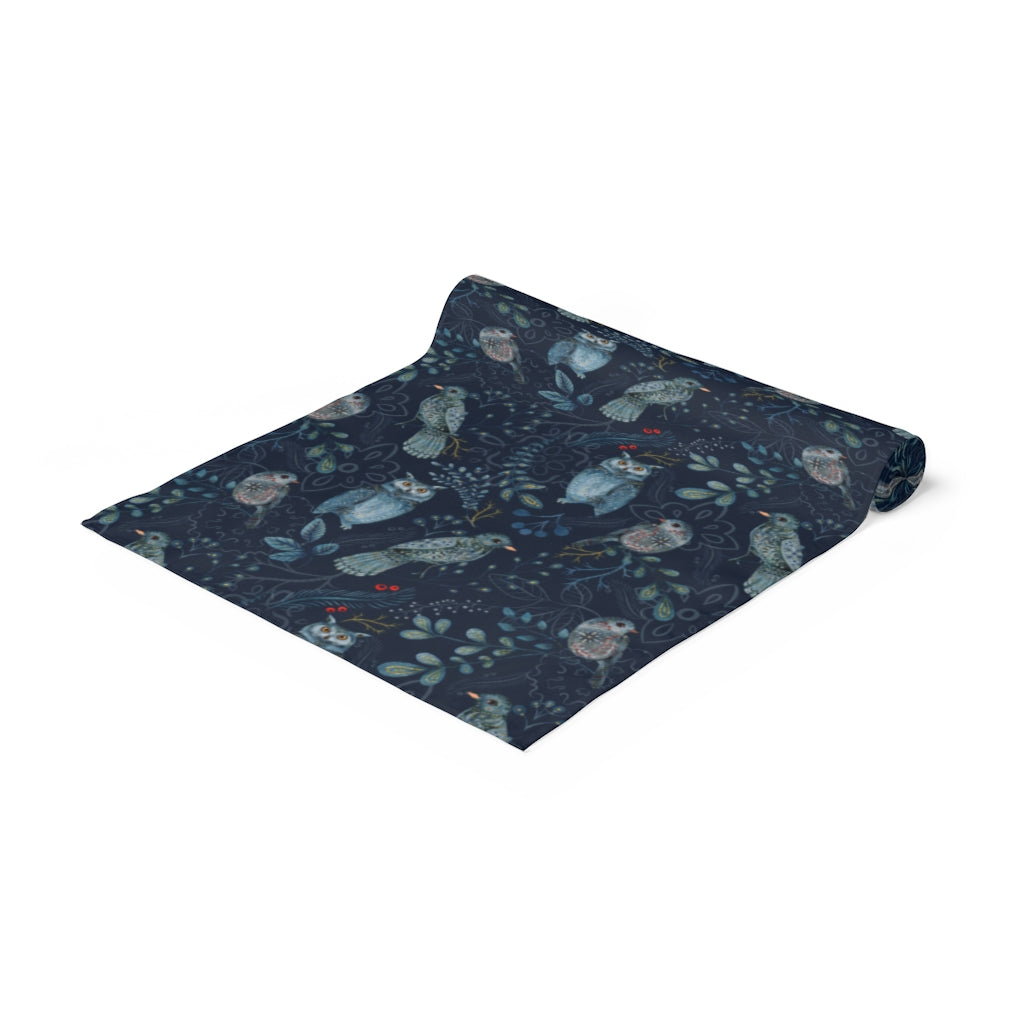 navy blue leaves and forest animal table runner 