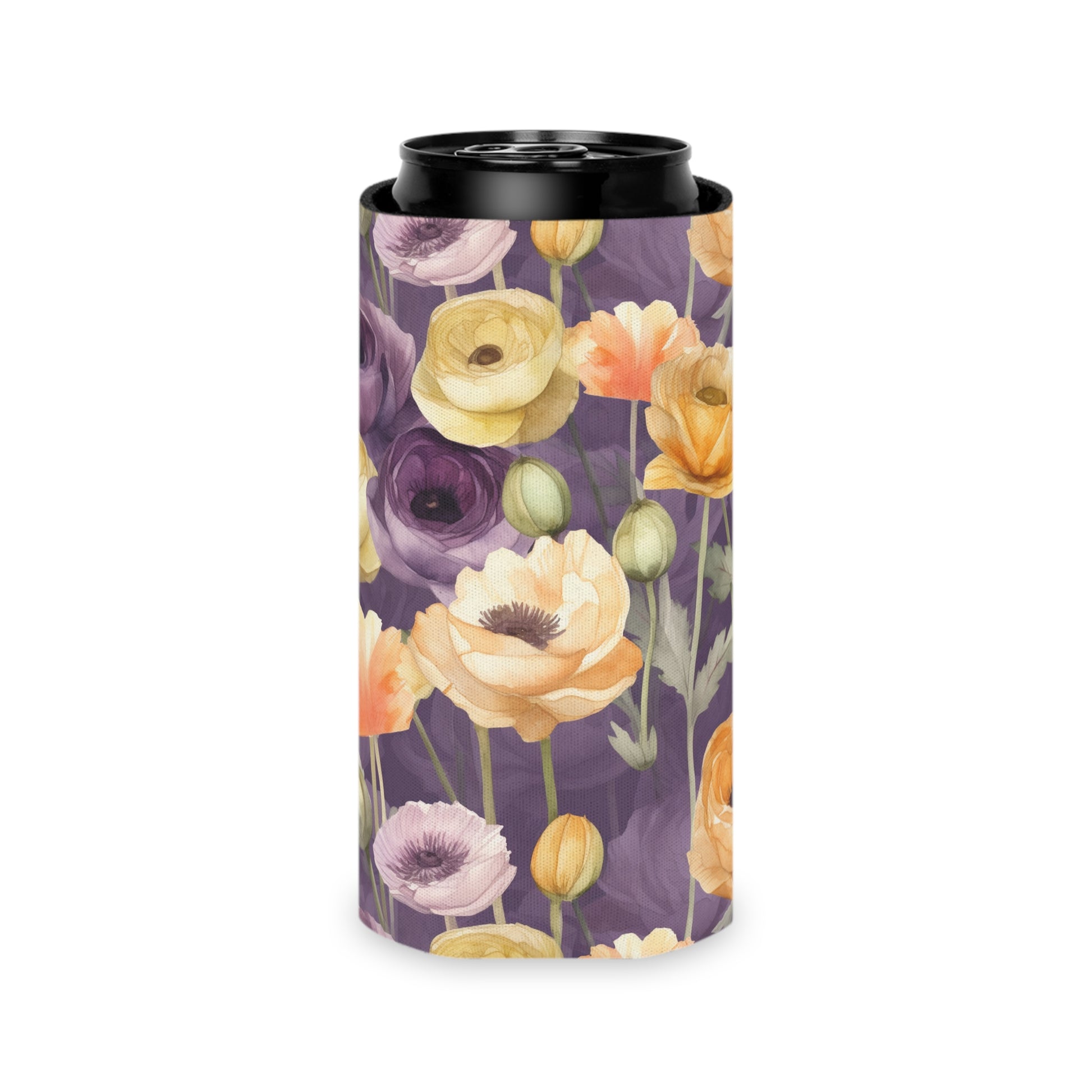 purple floral drink can cooler with yellow, orange and purple flower print