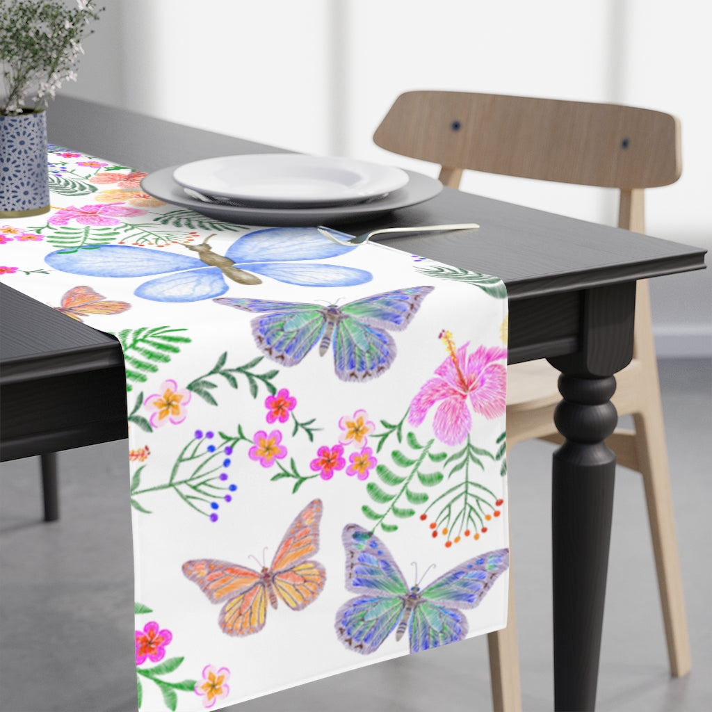 butterfly and flower table runner in blue, pink and yellow