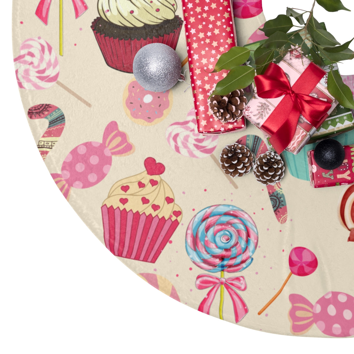 pink christmas tree skirt with christmas candies, muffins and candy cane pattern
