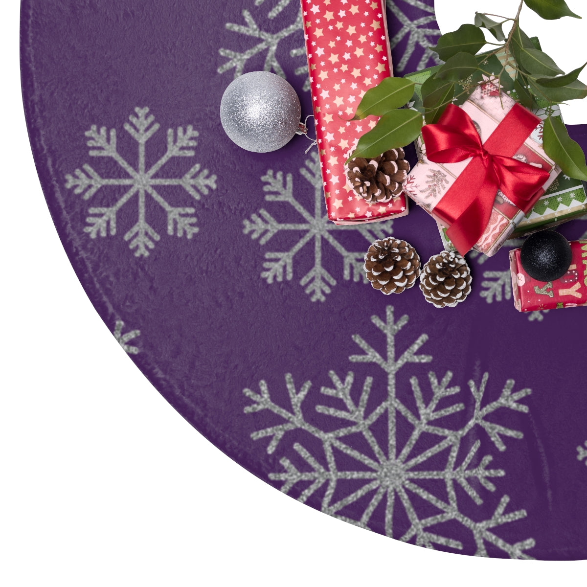 purple christmas tree skirt with silver snowflakes