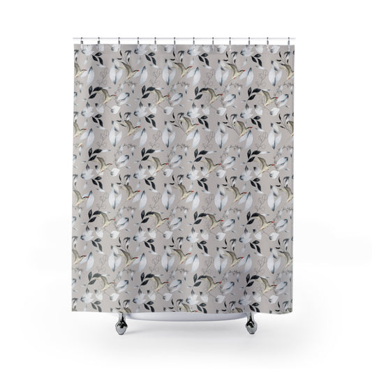 beige shower curtain with bird and flower print