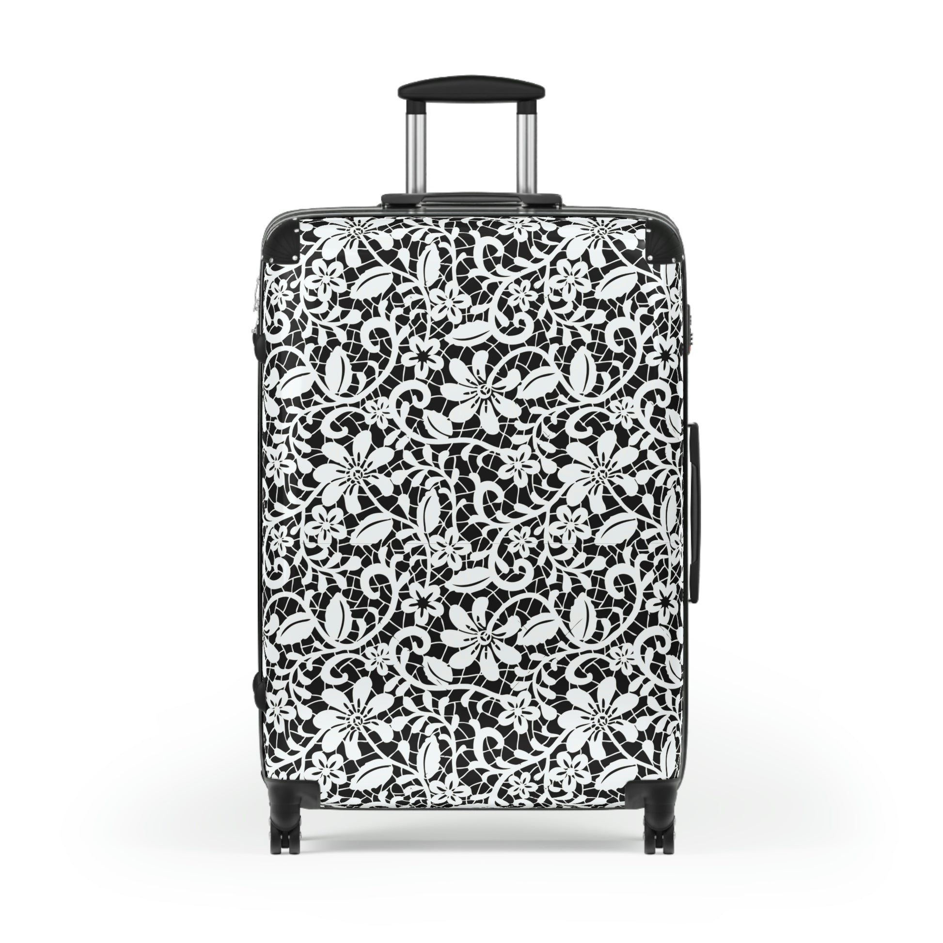 black and white floral wheeled suitcase
