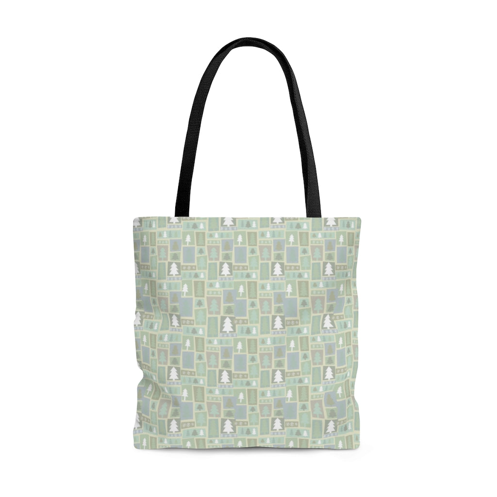 blue and grey pattern tote bag with white trees 