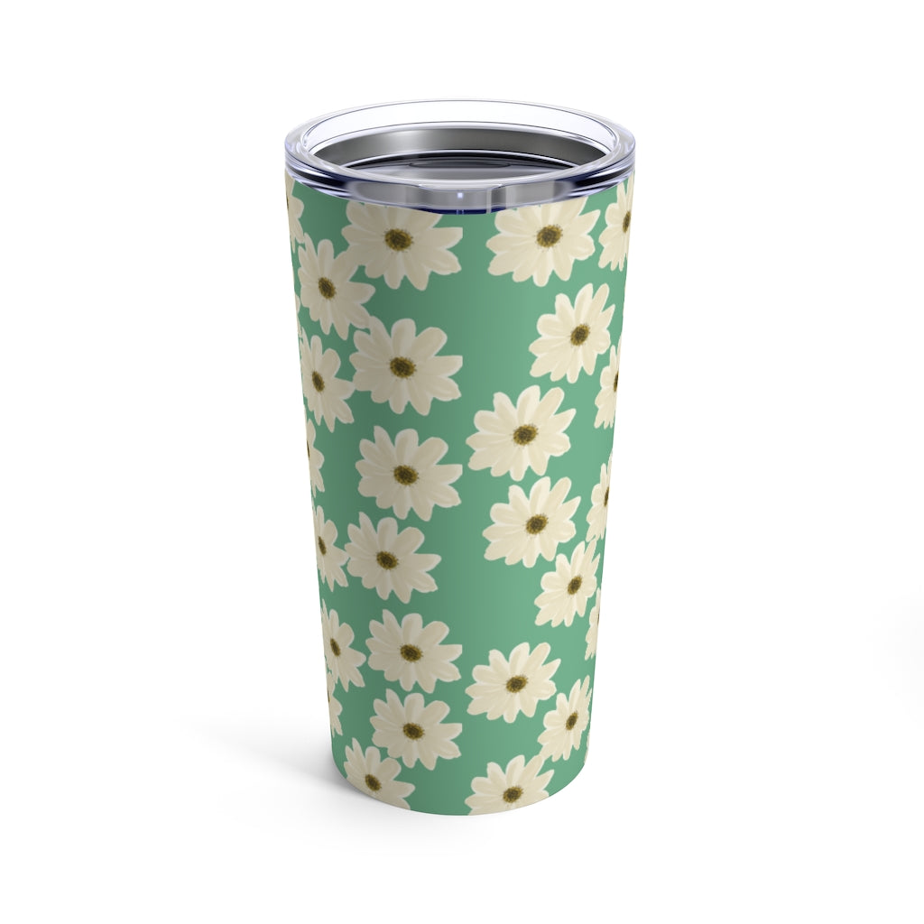 green teal tumbler with lid. daisy pattern insulated tumbler