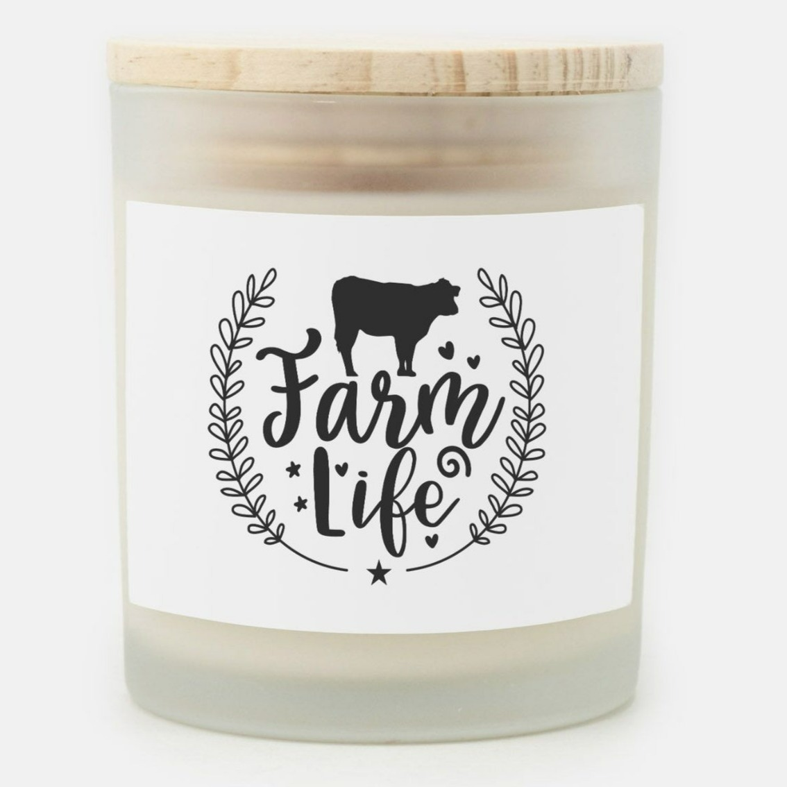 Farmhouse candle with farm life and a cow on white background