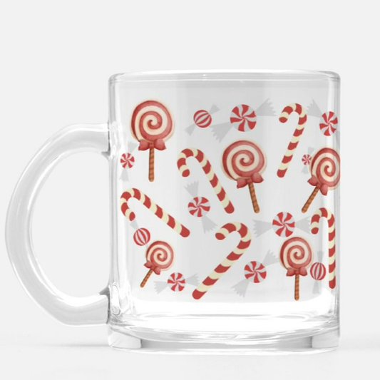 christmas glass mug with candy canes and christmas sucker pattern. red and white with clear background