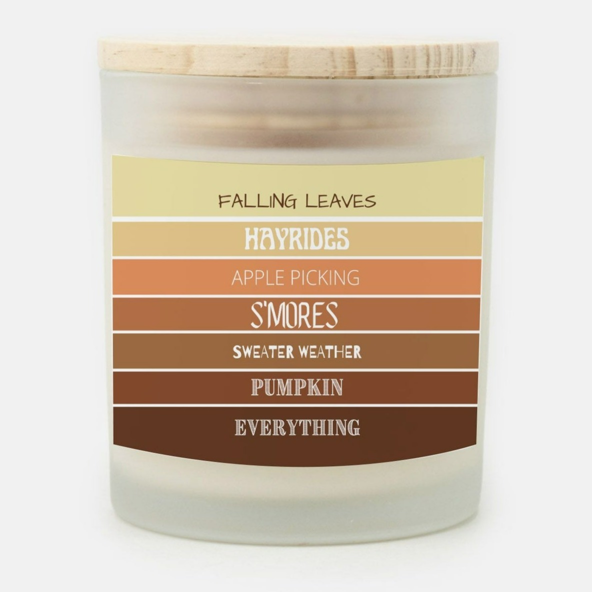 fall candle for fall, thanksgiving or halloween. falling leaves, hayrides, apple picking, smores, sweater weather and pumpkin everything phrases on fall color stripes