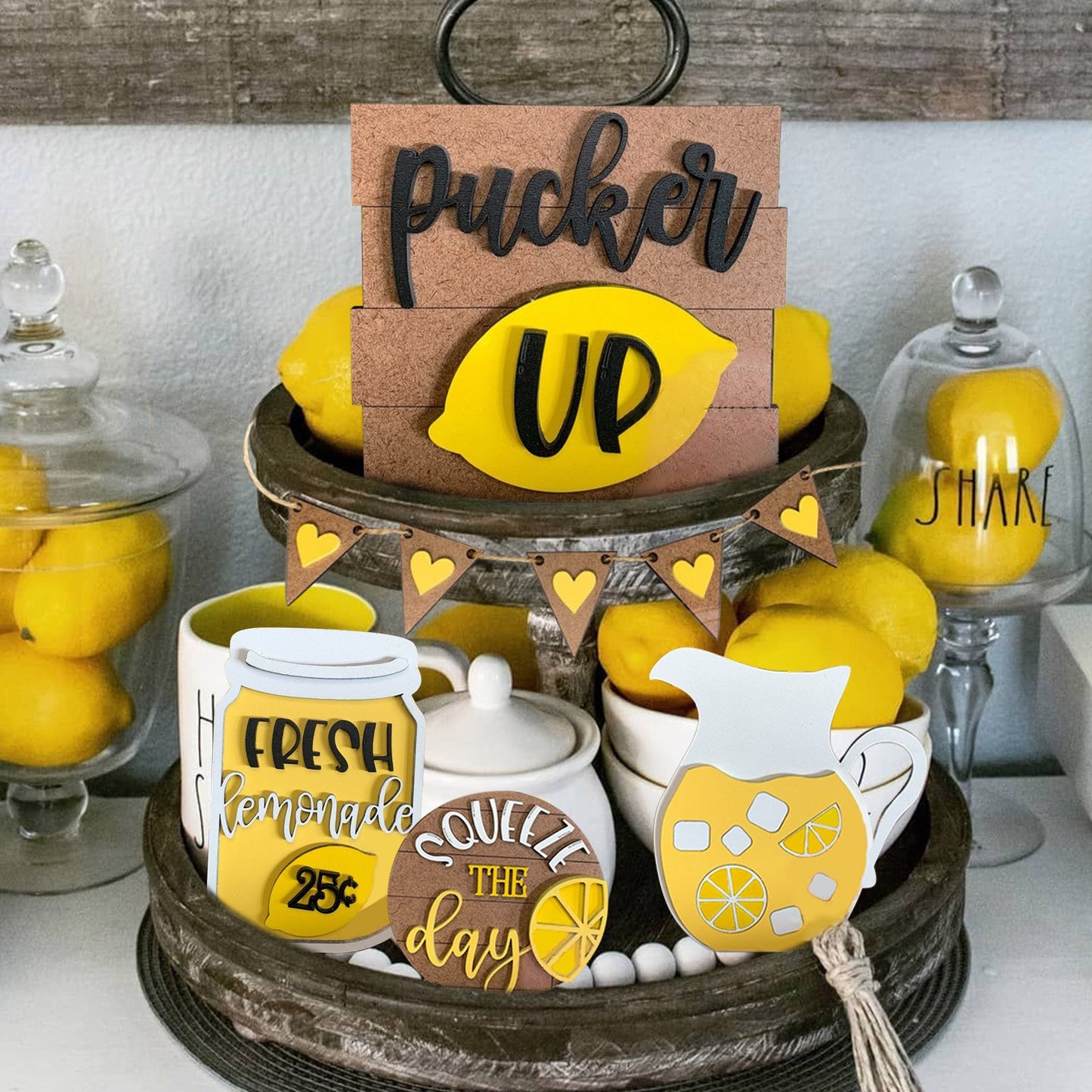 Lemon Tiered Tray Decor / Set of 8 Small Wood Signs
