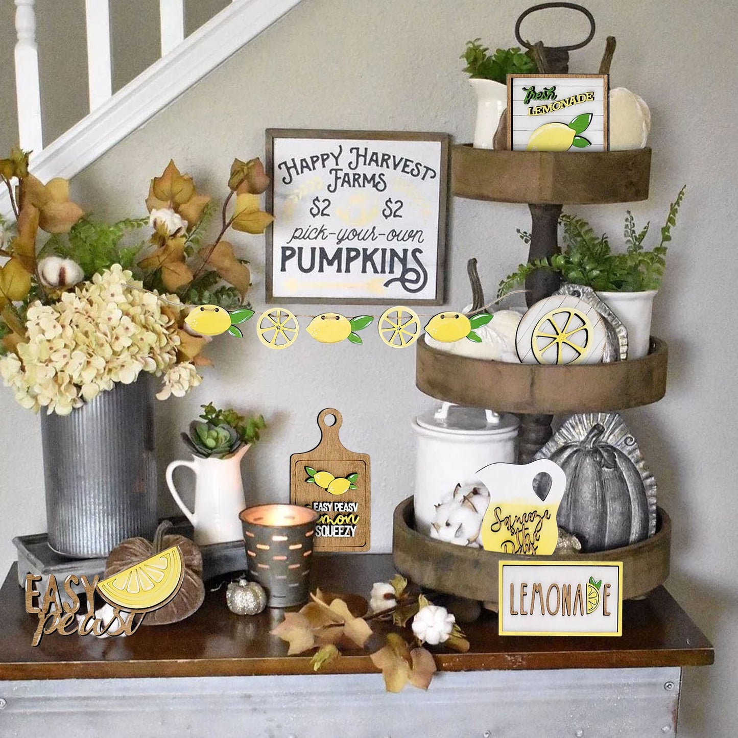 Lemon Tiered Tray Decor / Set of 7 Lemon Wood Signs