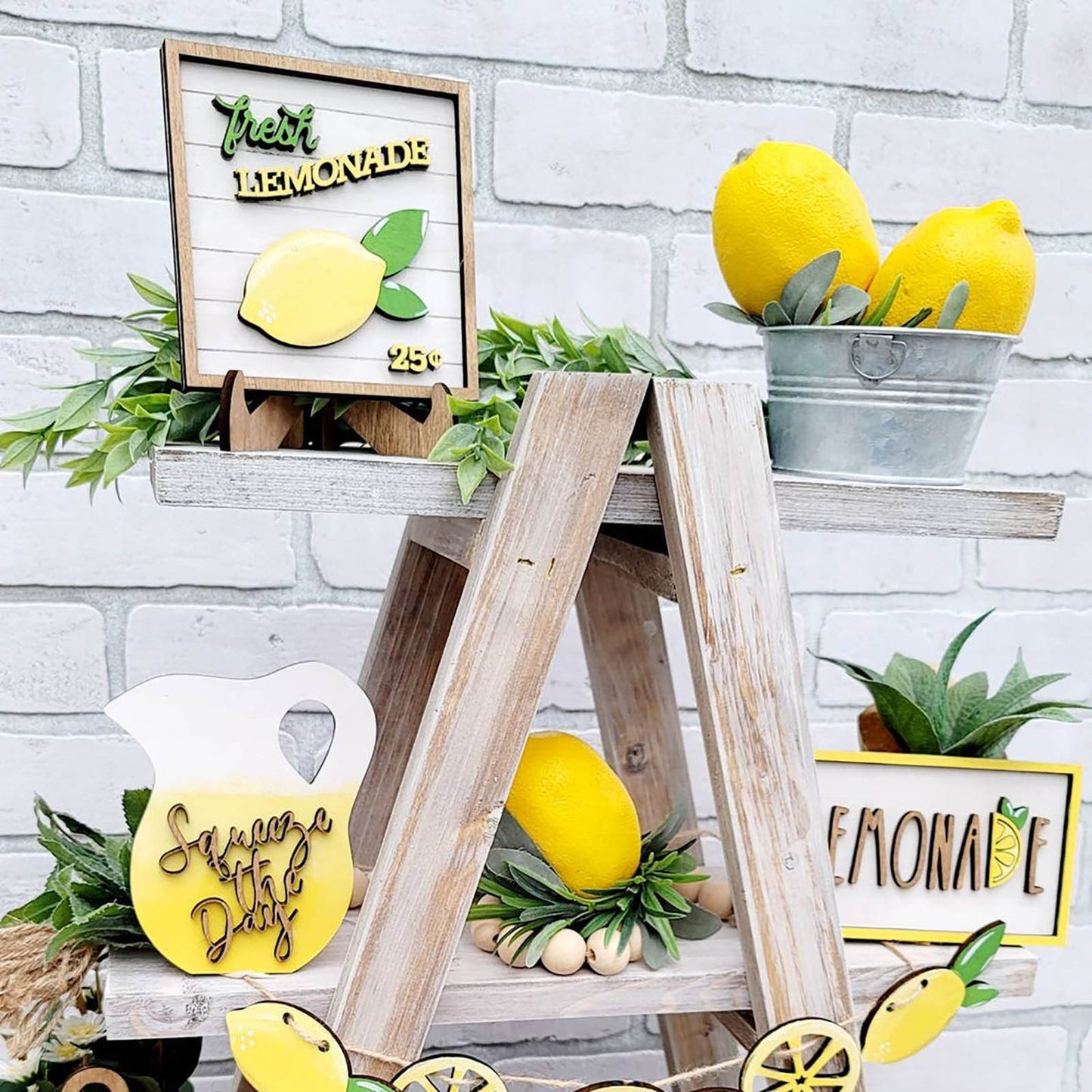 Lemon Tiered Tray Decor / Set of 7 Lemon Wood Signs